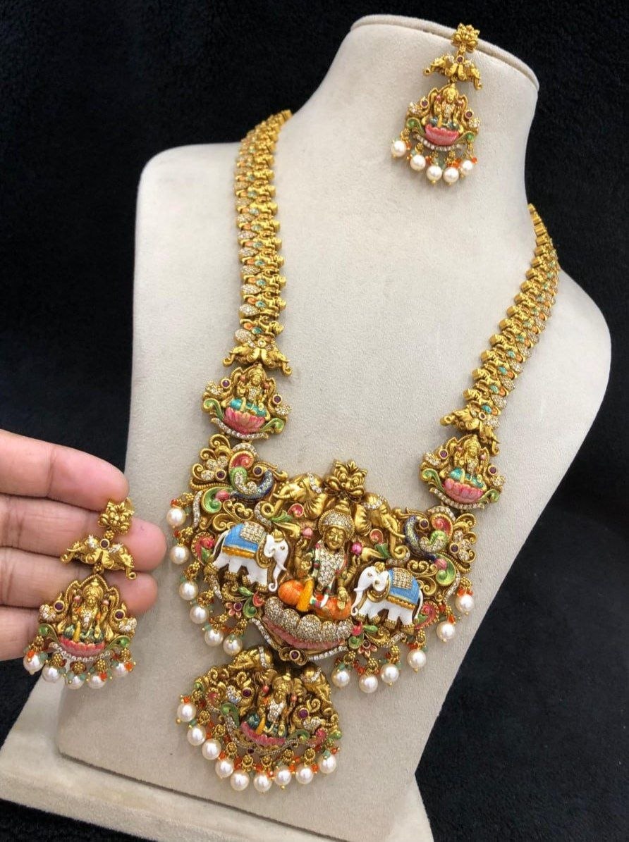 Antique CZ AD Stone Laminate Enamel Temple Design Long Haram set